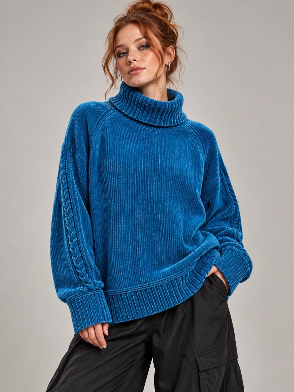 Northern Reflections Teal Cable-Trim Turtleneck Sweater